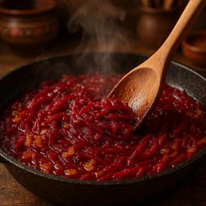 Zazarka in progress: golden onions, diced carrots and shredded beets sautéing in sunflower oil in a cast iron skillet