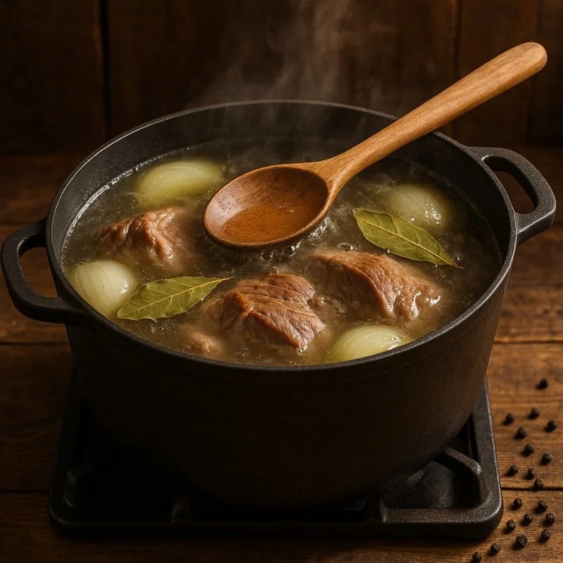 Pork shoulder simmering in a large pot with quartered onion and bay leaves to build a rich, clear borscht broth