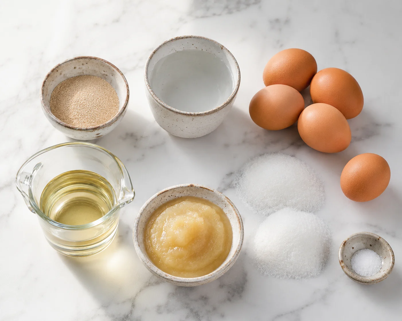 Flat arrangement of babka ingredients on their own: a small bowl of active dry yeast granules beside a cup of warm water, a cluster of four whole brown eggs plus one separate egg, a glass measuring cup of pale neutral vegetable oil, a small bowl of creamy unsweetened applesauce, a neat mound of white granulated sugar portioned into two groups showing the divided quantity, and a pinch bowl of fine salt, all spread apart clearly.