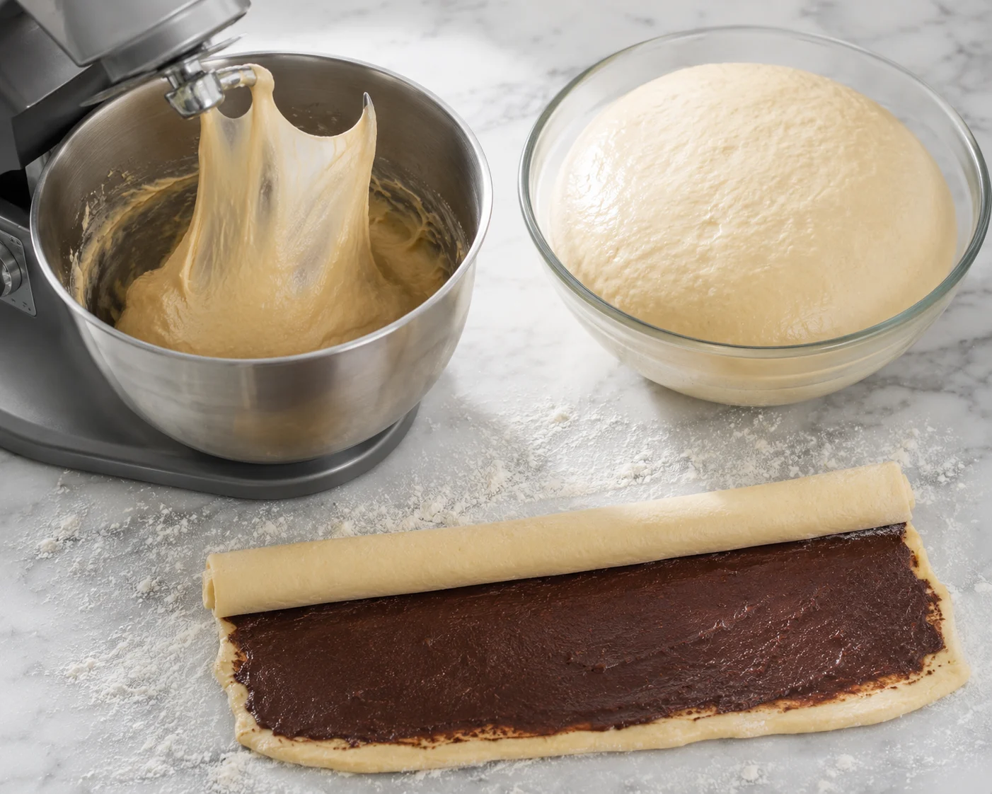 A stand mixer bowl filled with soft, elastic enriched dough being stretched into a thin windowpane by the dough hook, beside a lightly oiled glass bowl with a smooth dough ball already risen and doubled inside, and a floured work surface showing a rolled-out dough rectangle spread with a thin dark chocolate or cinnamon filling, beginning to be rolled into a tight log before slicing and twisting.