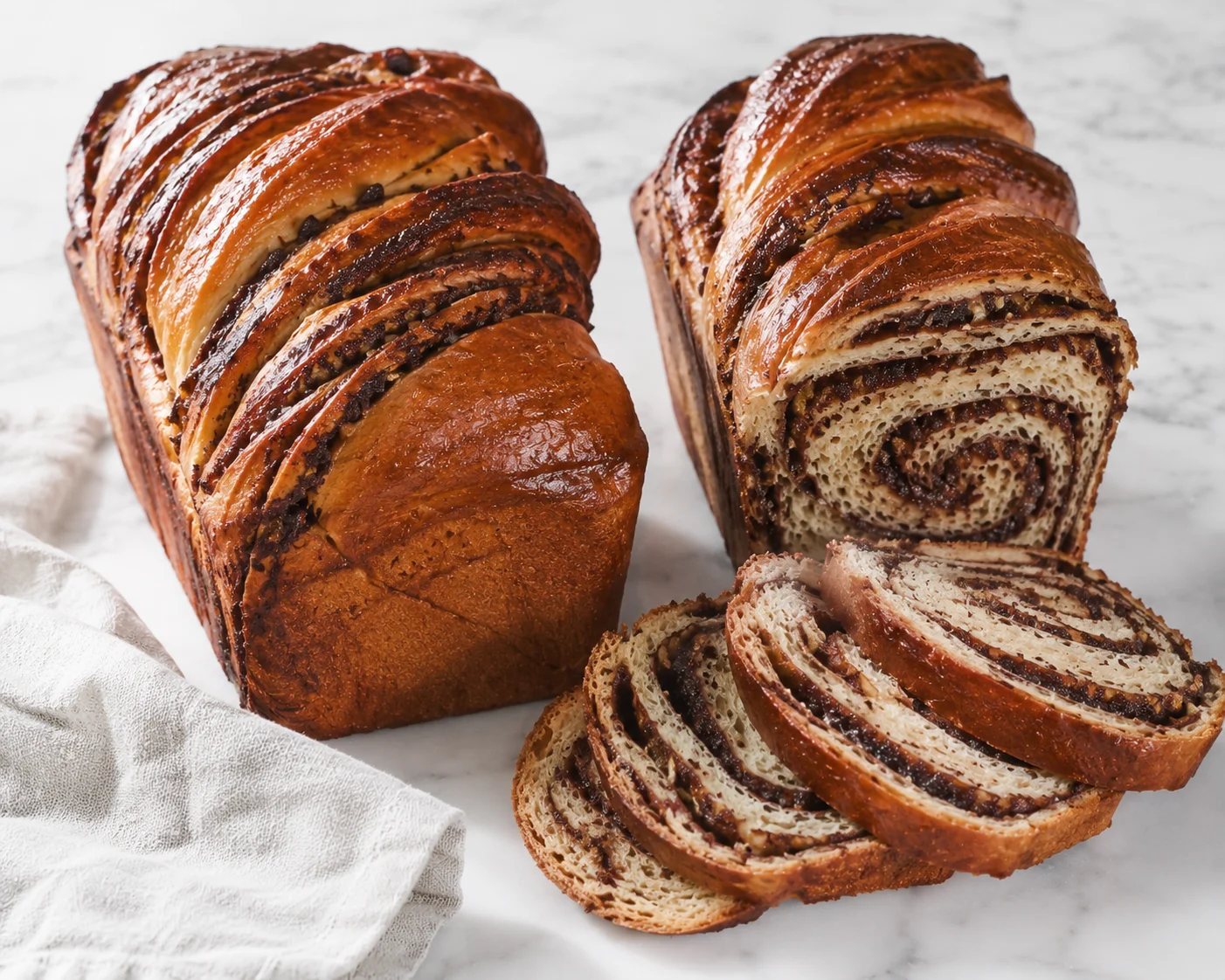 Two finished healthy babka loaves side by side, each baked in a standard loaf pan with a tall domed top, the crust a warm amber-gold, one loaf sliced into neat portions revealing the tight chocolate swirl spiral inside the light crumb — moist but less dense than a traditional version — with visible fiber-rich texture from the applesauce-enriched dough, a few slices fanned slightly forward to display the layered interior pattern.