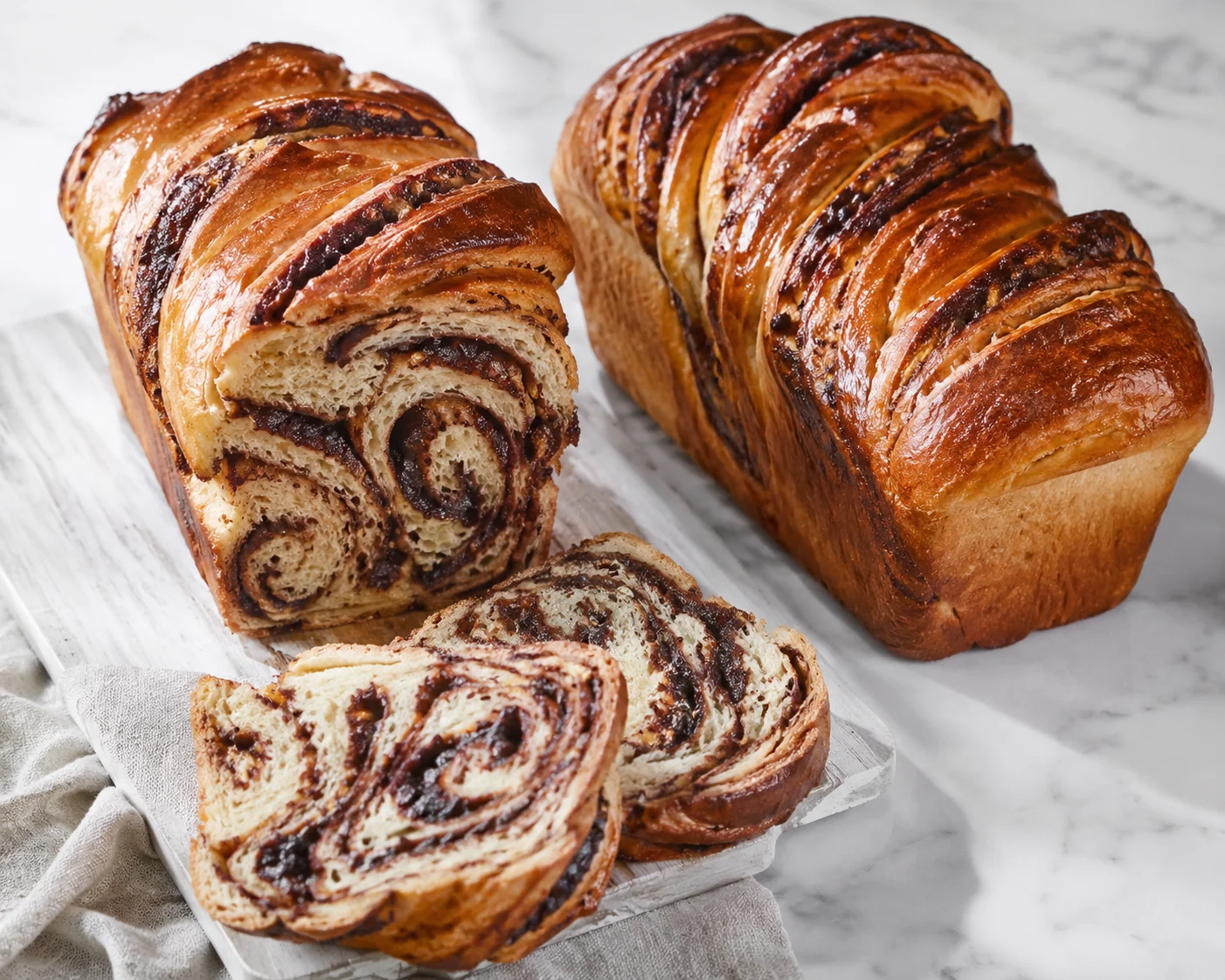 Two tall, golden-brown babka loaves with deeply twisted chocolate or cinnamon swirl interiors visible in thick slices cut from one loaf, the braided dough showing distinct laminated layers of dark filling spiraling through pale, fluffy enriched bread — a tall loaf-pan yeasted sweet bread, not a bundt cake, not challah braids — resting beside each other with one loaf partially sliced to expose the dramatic swirl cross-section, the crust lightly glossed from egg wash.