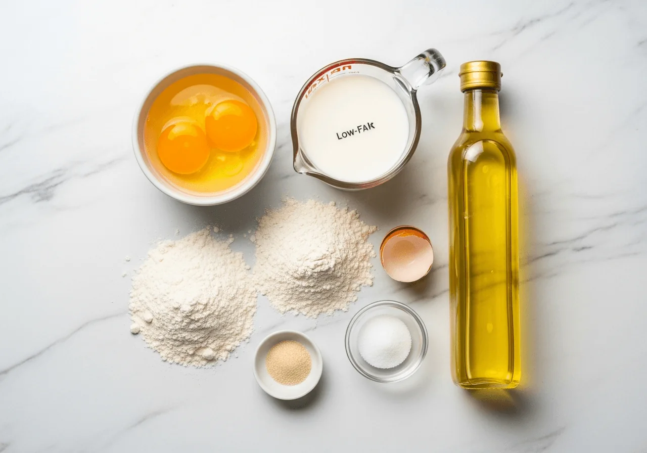 Flat lay of blintz batter ingredients arranged in an organic cluster: two cracked whole eggs in a small bowl, a measuring cup of low-fat milk, a small heap of whole wheat pastry flour beside white all-purpose flour showing their contrasting tones, a tiny dish of granulated sugar, a pinch of fine salt, and a slender bottle of pale canola oil, all grouped naturally together.