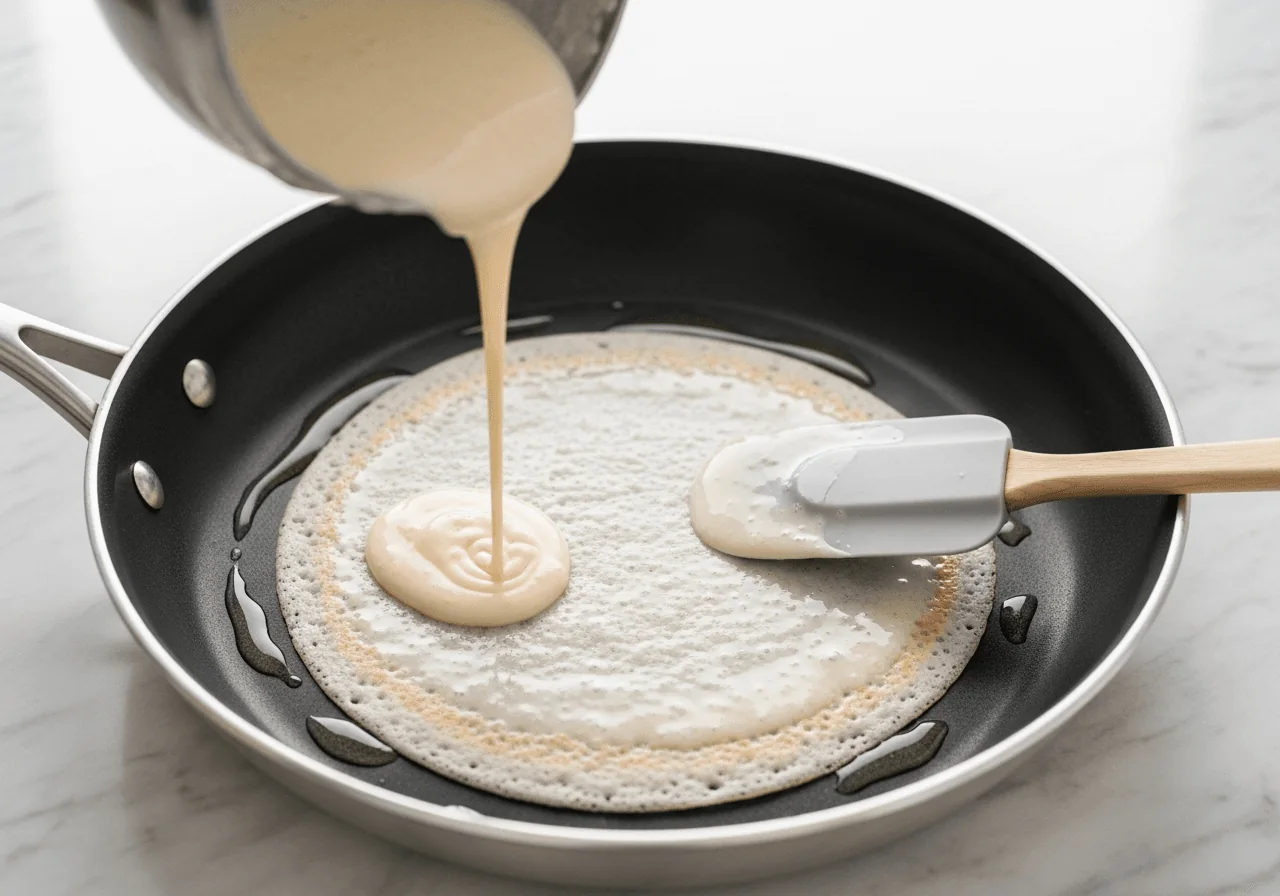 A pale creamy batter being ladled in a thin stream onto a lightly oiled non-stick skillet over medium heat, the batter spreading into a wide translucent round disk no thicker than a few millimeters, its edges just setting and turning matte white while the center remains glossy and liquid, a silicone spatula resting at the pan's edge ready to flip the delicate whole-wheat crepe.