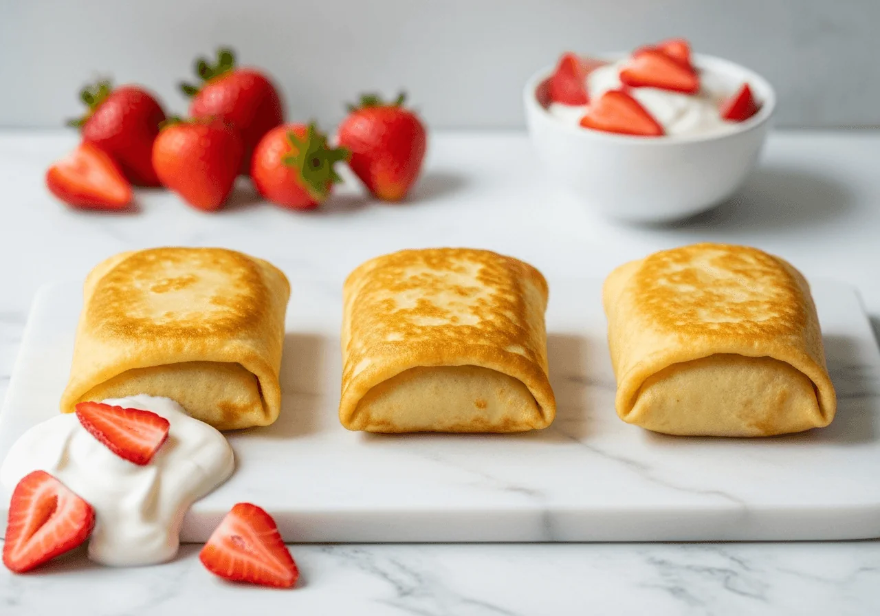 Three folded rectangular blintz parcels — thin crepe envelopes sealed on all sides, not boiled dumplings, not baked pastry — resting side by side, their exteriors lightly golden and faintly glistening from a brief pan-fry, each visibly compact and flat with smooth crepe skin, served with a dollop of plain low-fat yogurt and a scattering of sliced fresh strawberries.