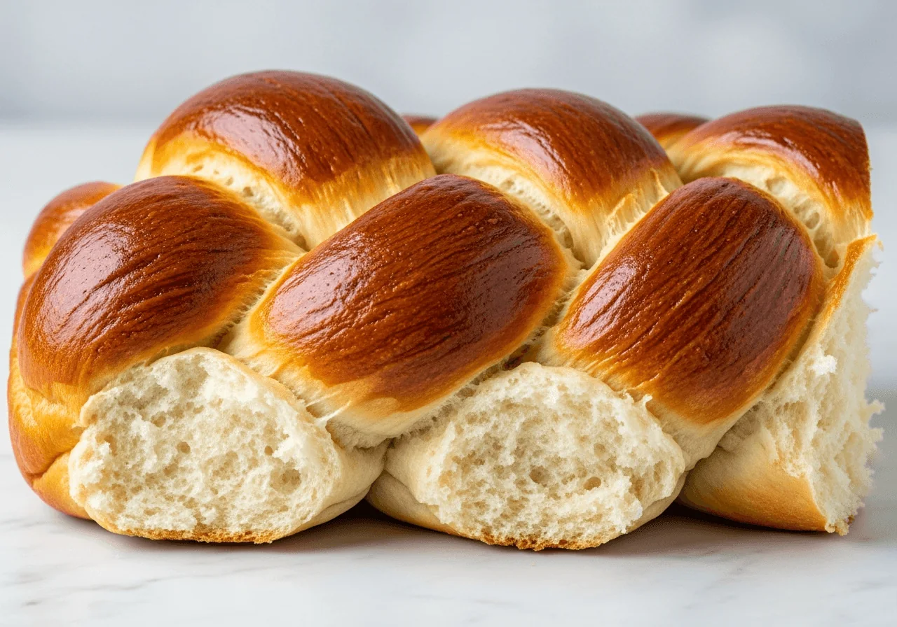 Extreme close-up of a single challah braid section — the interwoven golden-brown strands are sharply defined, the crust surface is glossy and smooth from the egg wash with faint blistering along the ridges, and where two strands meet the dough is slightly paler and pillowy-soft, the fine crumb just visible at a torn edge showing a delicate, light interior