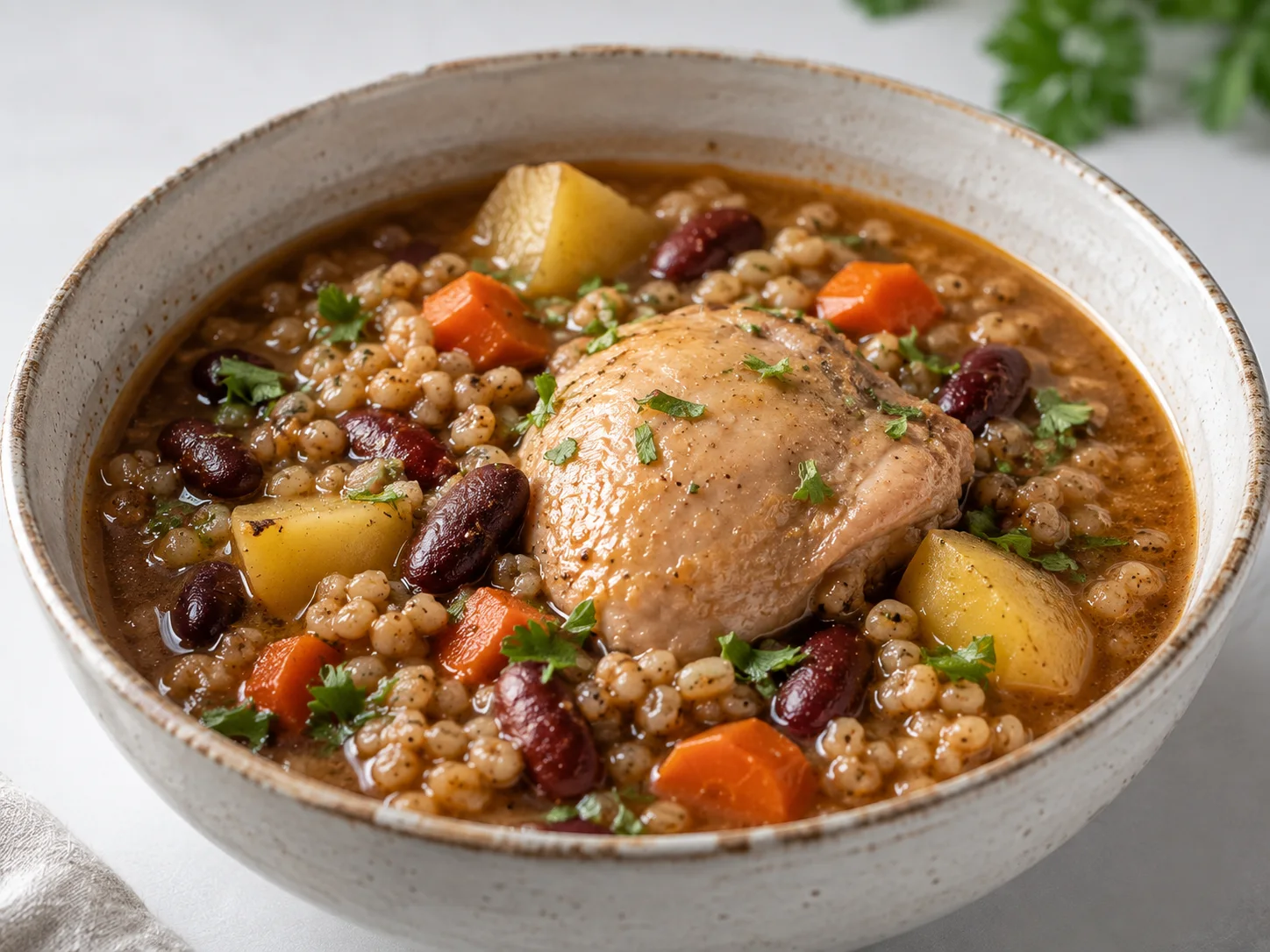 A single generous serving of healthy poultry cholent ladled into a wide rustic bowl, close up and ready to eat, the broth a deep amber-brown pooling around a tender skinless chicken thigh, soft pearl barley, swollen kidney beans, and yielding potato and carrot chunks, garnished with a pinch of fresh parsley.