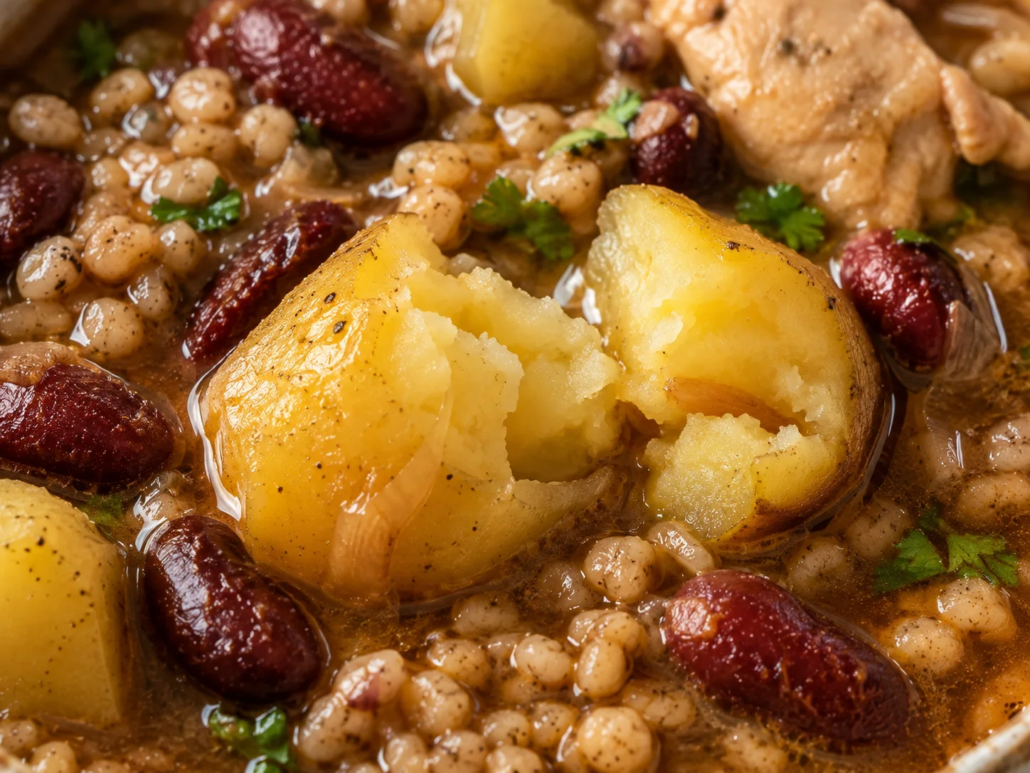 A soft-cooked potato quarter pulled apart to reveal its floury, steaming interior, resting among slow-braised kidney beans and swollen pearl barley grains in the thick cholent broth, the broken potato edges slightly crumbling and glistening where the amber liquid has soaked in.