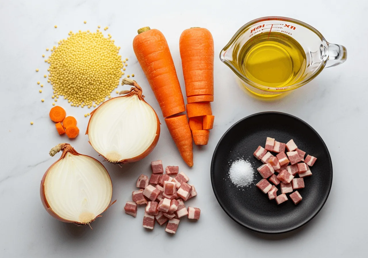 Flat arrangement of raw kulish ingredients: a small heap of dry pale-yellow millet grains, a halved medium onion showing its papery skin and white layers, two bright orange carrots one whole and one roughly diced, a small pile of diced raw bacon, a glass cruet of golden olive oil, a measuring cup of clear low-sodium broth, and a small pinch of salt on a dark ceramic dish, all grouped tightly together.