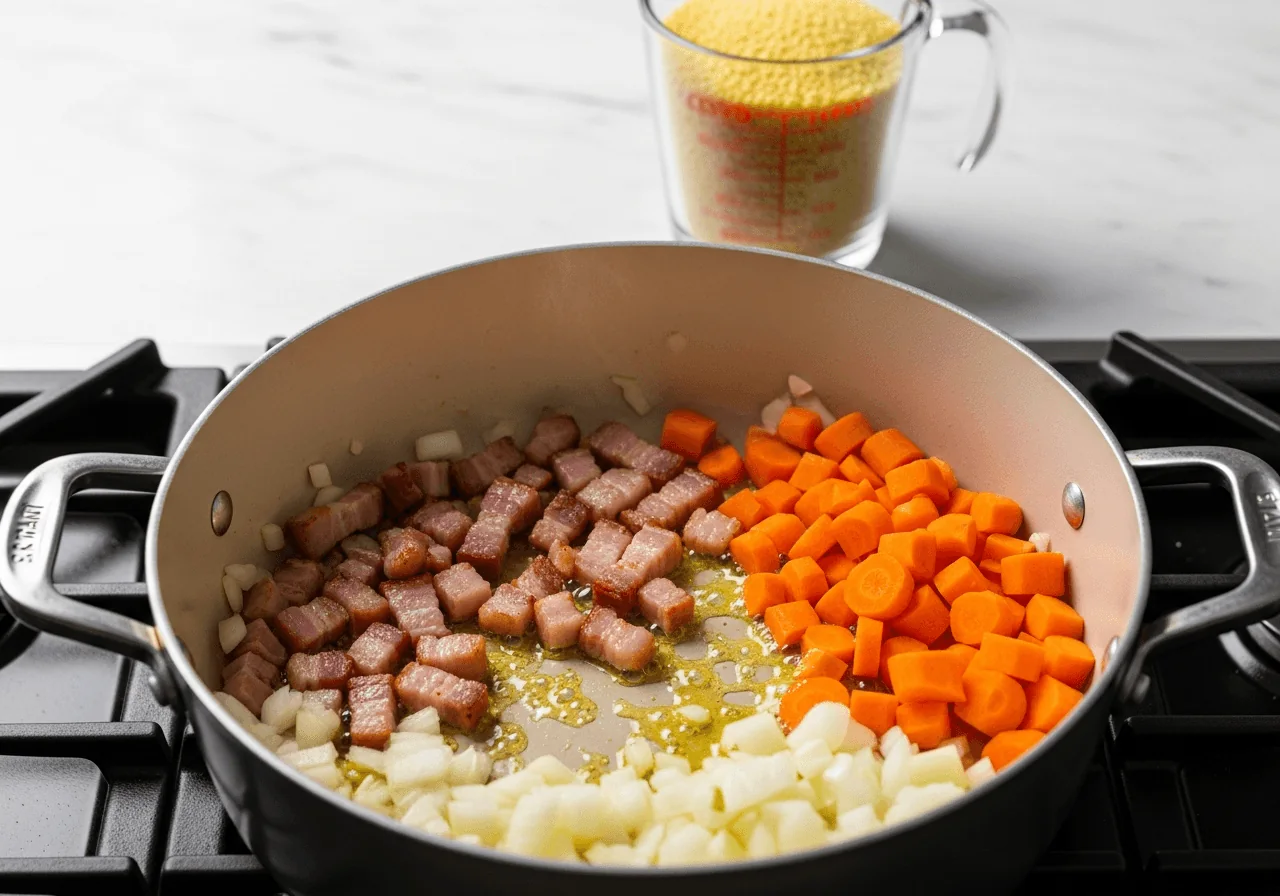 A wide heavy-bottomed pot on a lit burner mid-cook, showing diced bacon sizzling and rendering in a small pool of olive oil with golden-brown edges, chopped onion and bright orange carrot cubes softening alongside, and in the background the pale dry millet measured out in a glass cup ready to be added to the fragrant contents of the pot.