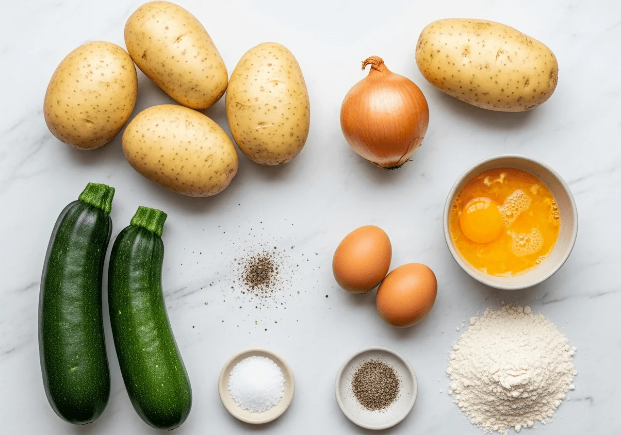 A flat lay of whole raw ingredients for healthy latkes: several large starchy potatoes with pale cream flesh, two unpeeled dark-green zucchini, one peeled yellow-gold onion, two whole eggs beside a small bowl of beaten egg, a small pile of whole wheat flour with visible bran flecks, a pinch of coarse salt, and a scatter of cracked black pepper, all arranged with clear separation showing each ingredient