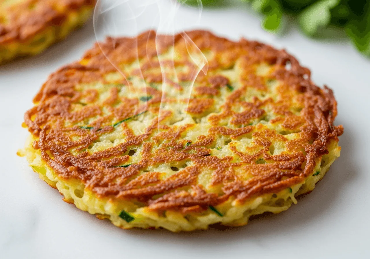 An extreme close-up of one freshly pan-fried latke filling the frame — its rough, lacy golden-brown crust showing individual strands of shredded potato and zucchini fused and crisped at the edges, the surface mottled with deep amber and pale yellow patches, a tiny curl of steam rising from the just-cooked pancake, revealing its thin cross-section of tender, moist shredded interior