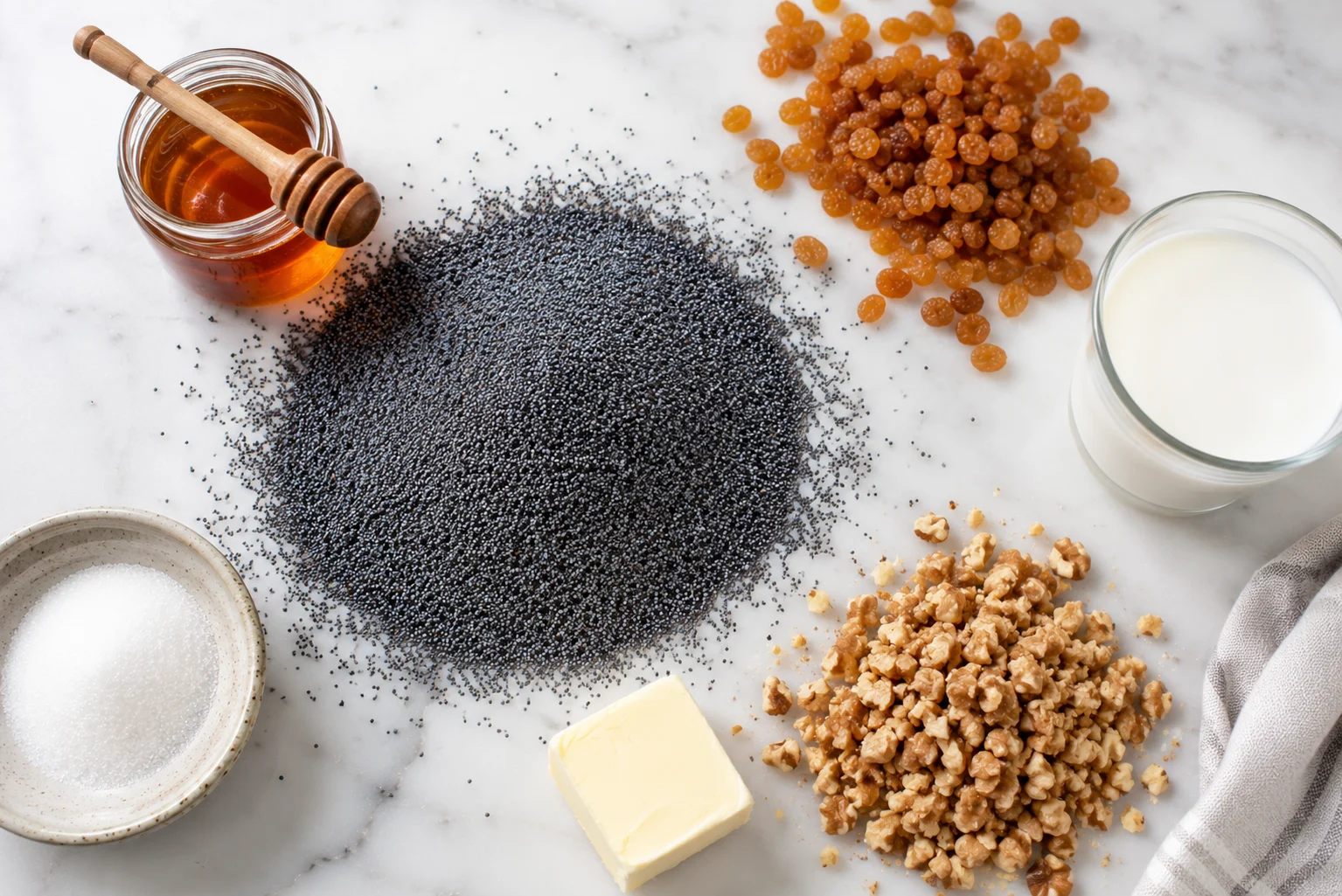 Scattered flat-lay of Makowiec filling ingredients: a large mound of blue-grey whole poppy seeds dominating the frame, a small jar of amber honey with a wooden dipper resting across it, a cluster of golden raisins, a pile of roughly chopped pale walnuts, a small pat of unsalted butter, a shallow dish of white granulated sugar, and a glass of whole milk, all ungrouped and loosely arranged