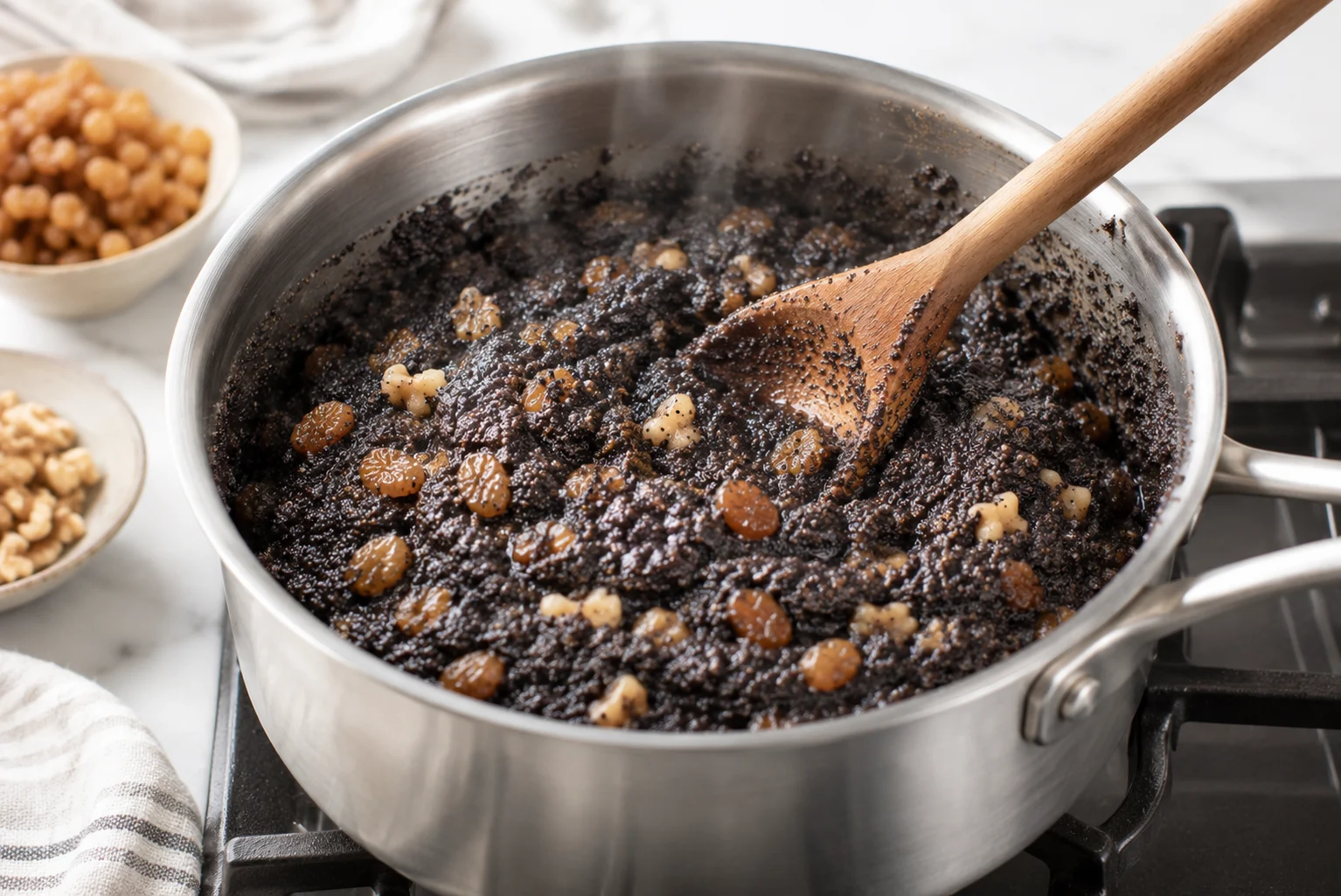 A medium saucepan on a stovetop holds a thick, dark blue-grey poppy seed paste being stirred, visibly glossy and dense with chopped walnuts and plump raisins folded through, steam rising gently from the hot mixture, a wooden spoon resting in the pan