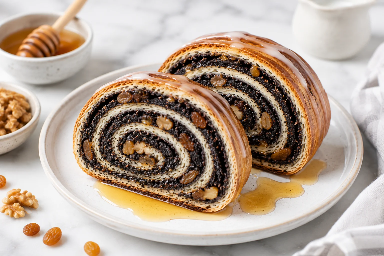 Two neat slices of Makowiec cut from the log and arranged cut-side forward, each slice showing a tight dark poppy seed spiral with flecks of walnut and raisin against a pale cream dough ring, the glaze on the crust catching light, a drizzle of honey pooled at the base of the slices