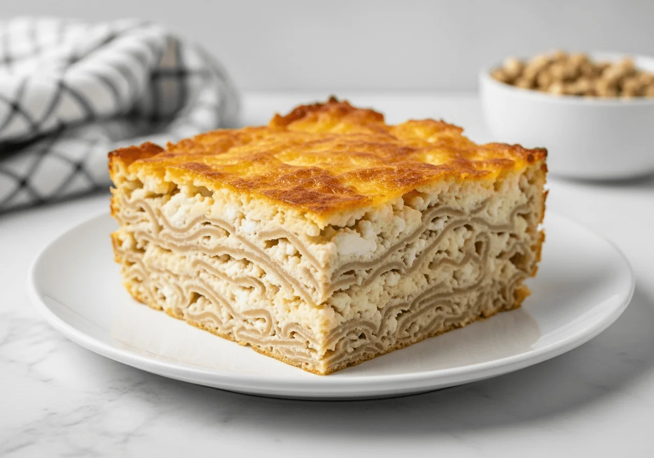 A single generous square serving of noodle kugel — a baked egg noodle casserole, not a cake, not a pie — plated to show its cross-section of layered wide whole wheat noodles held together by a set custard of cottage cheese and yogurt, the top crust deeply amber and slightly crisp, the interior pale golden and moist, portioned cleanly to highlight its dense yet tender texture consistent with a lighter, protein-rich version.