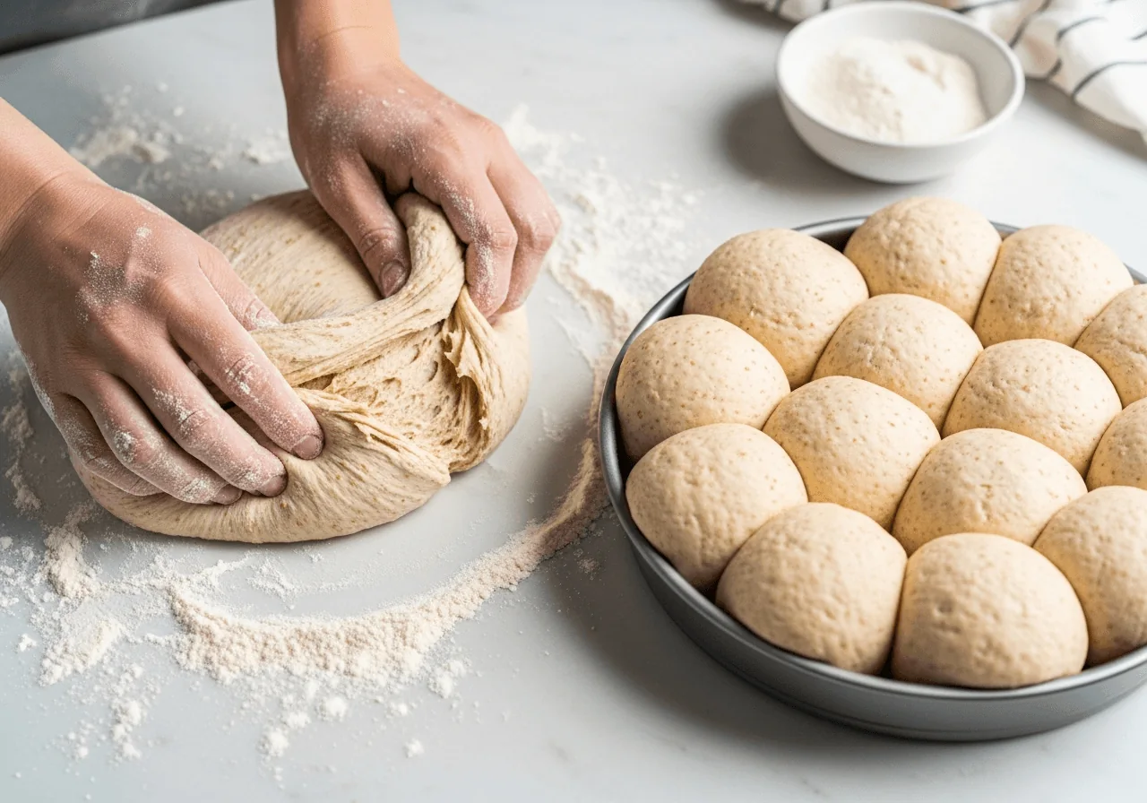 Hands dusted with flour pressing and folding a soft, slightly tan whole-wheat yeast dough on a lightly floured work surface, the dough smooth and elastic, torn edges showing the slight speckled texture of whole wheat, with twelve equal raw dough balls portioned and arranged close together in a round baking pan nearby, rising slightly as the unbaked rolls begin their proof.