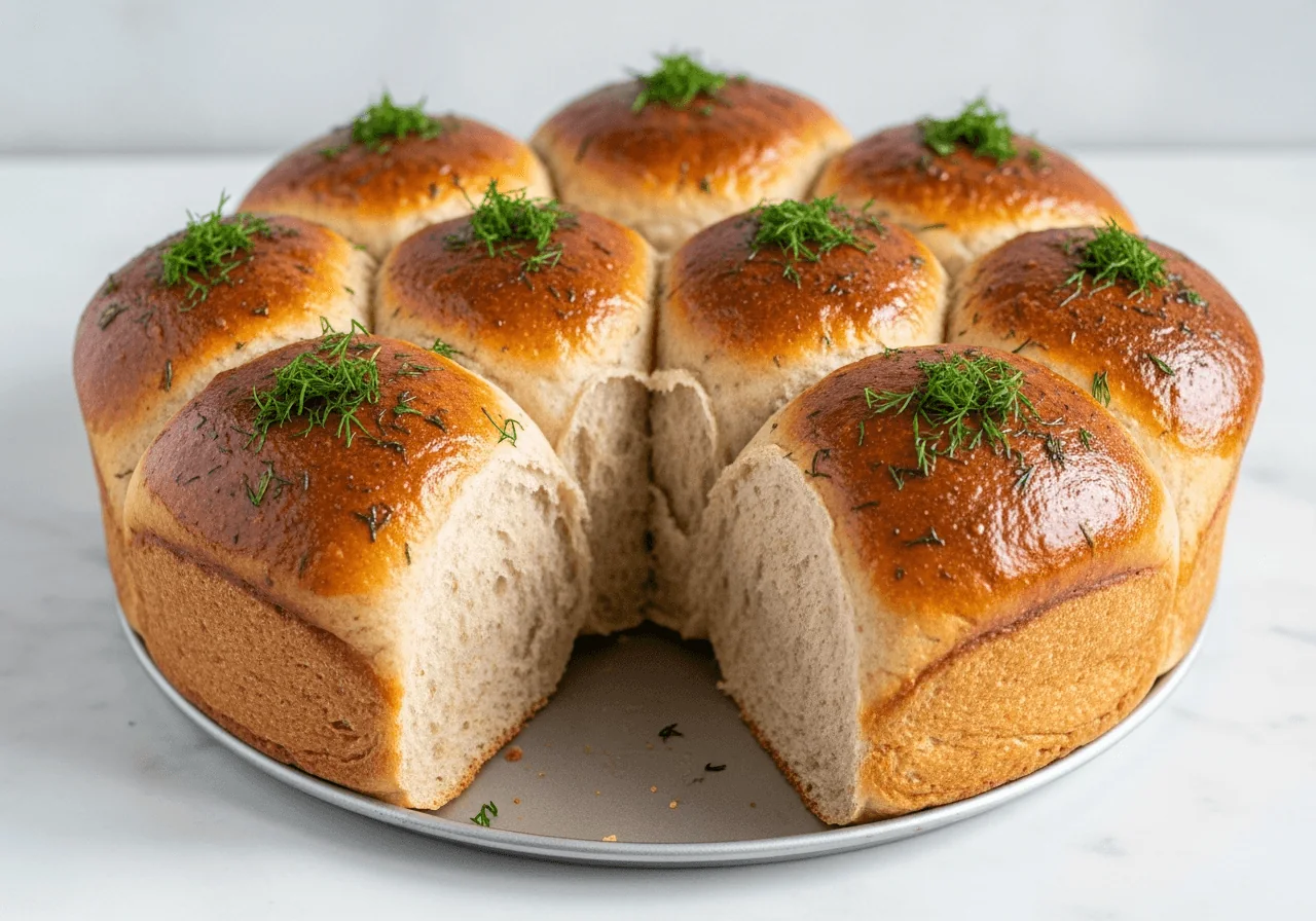 Six or seven freshly baked whole-wheat pampushky — soft pull-apart yeast bread rolls, not dumplings, not stuffed buns — lifted slightly apart to reveal their feather-soft pale interior crumb, their golden-brown domed tops glistening with garlic oil and flecked with bright green dill, served in their round baking pan, wholesome and rustic, the whole-wheat color giving the crust a warm, deep honey-amber tone richer than white-flour rolls.