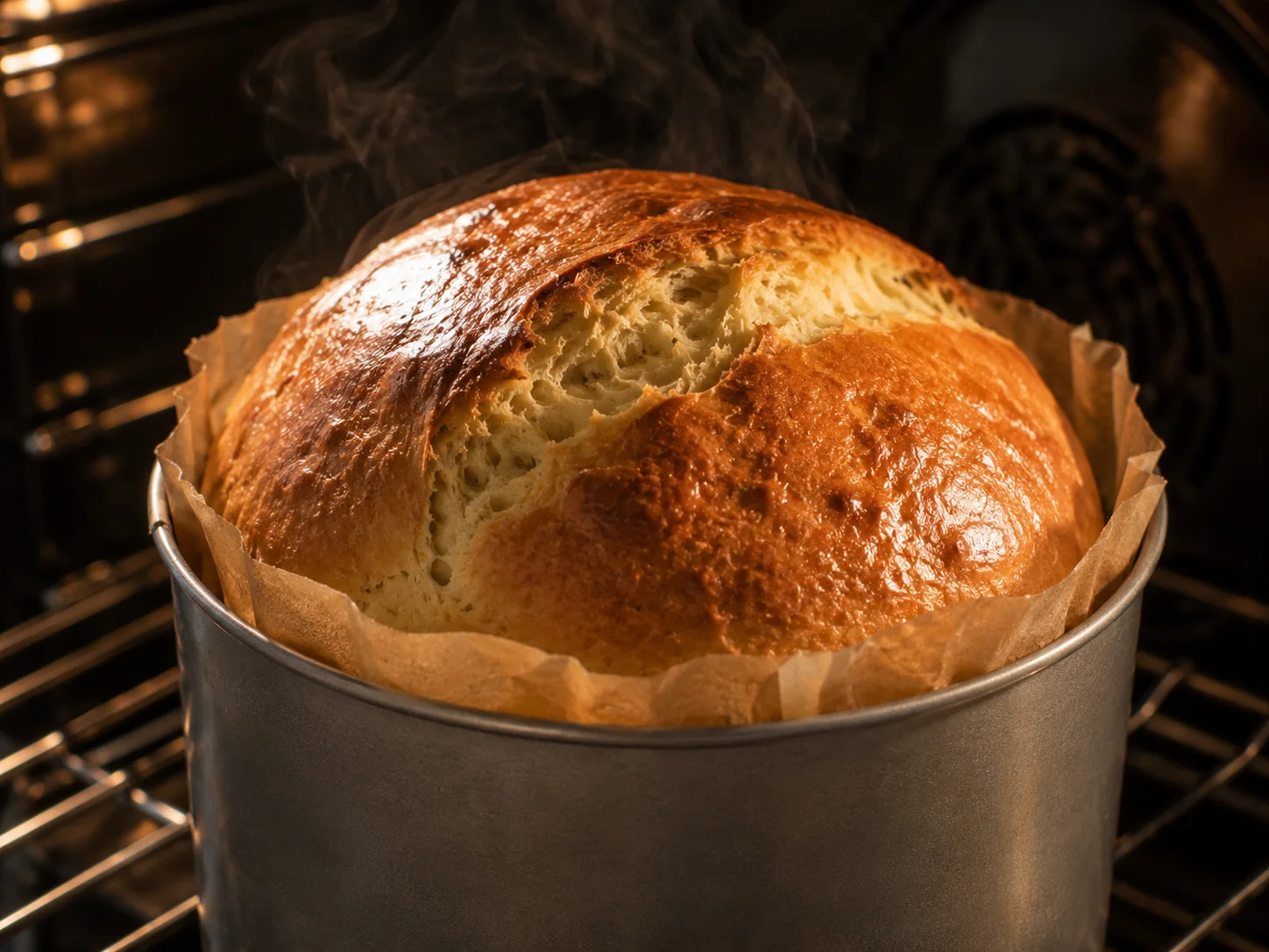A close-up mid-bake moment inside the oven-safe cylindrical pan — a tall round Paska loaf in a parchment-lined tin, visibly risen and domed high above the pan's rim, the surface just beginning to turn a deep amber gold with a faint glossy sheen from the egg wash, gentle wisps of steam curling from the cracked top where the dough has split naturally during oven spring, the soft pillowy interior just visible at the split edge, the whole scene warm and fragrant-looking with no people present.