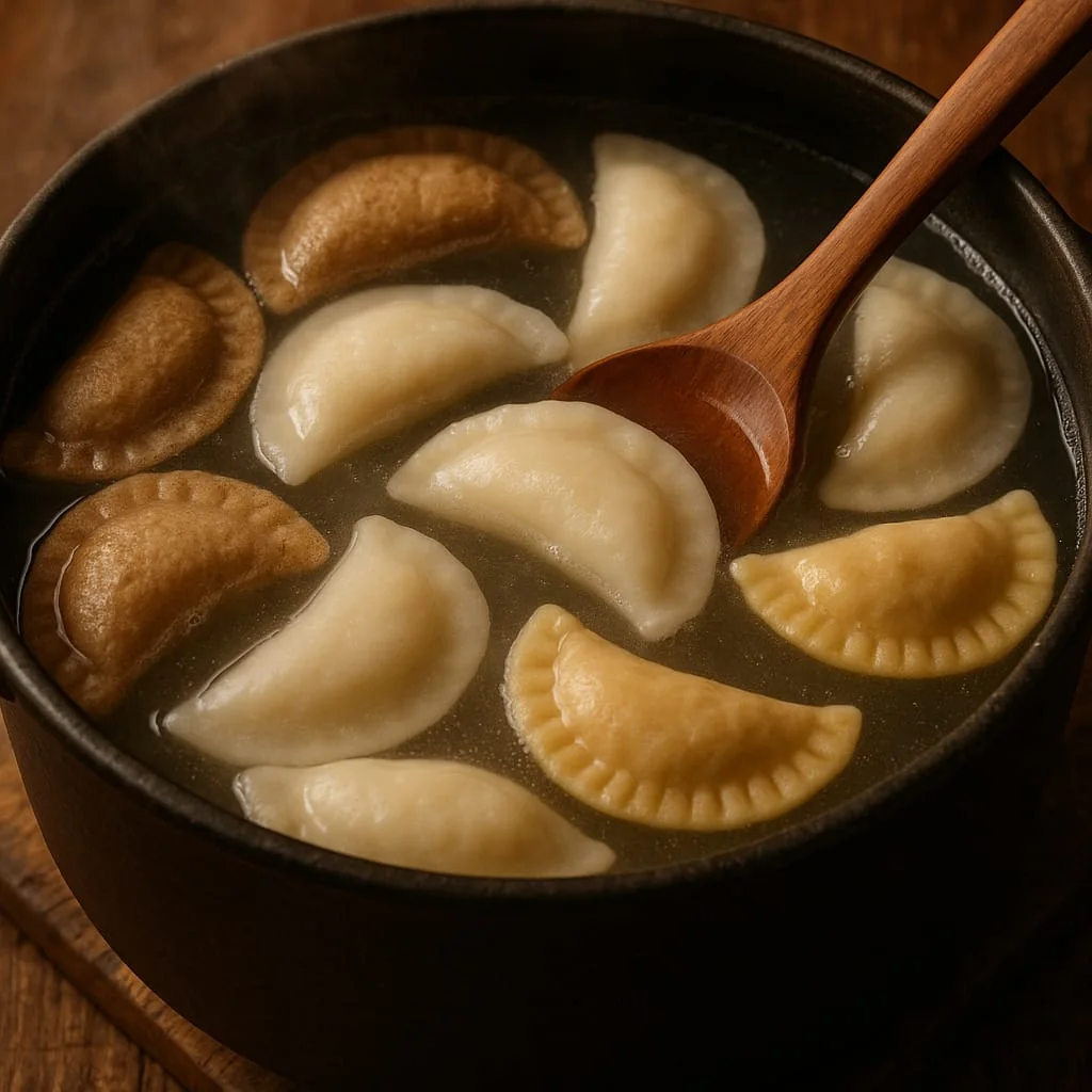 Pierogi simmering in a pot of gently boiling water, some made with wholegrain dough, lifted with a wooden spoon