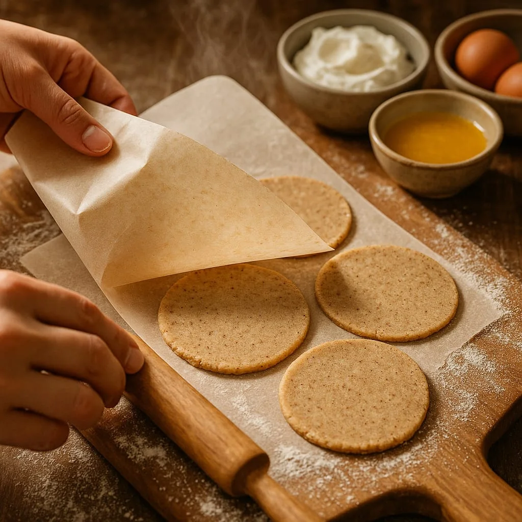 Hands lifting parchment from rounds of wholegrain pierogi dough on a floured board, with bowls of sour cream, egg and melted butter
