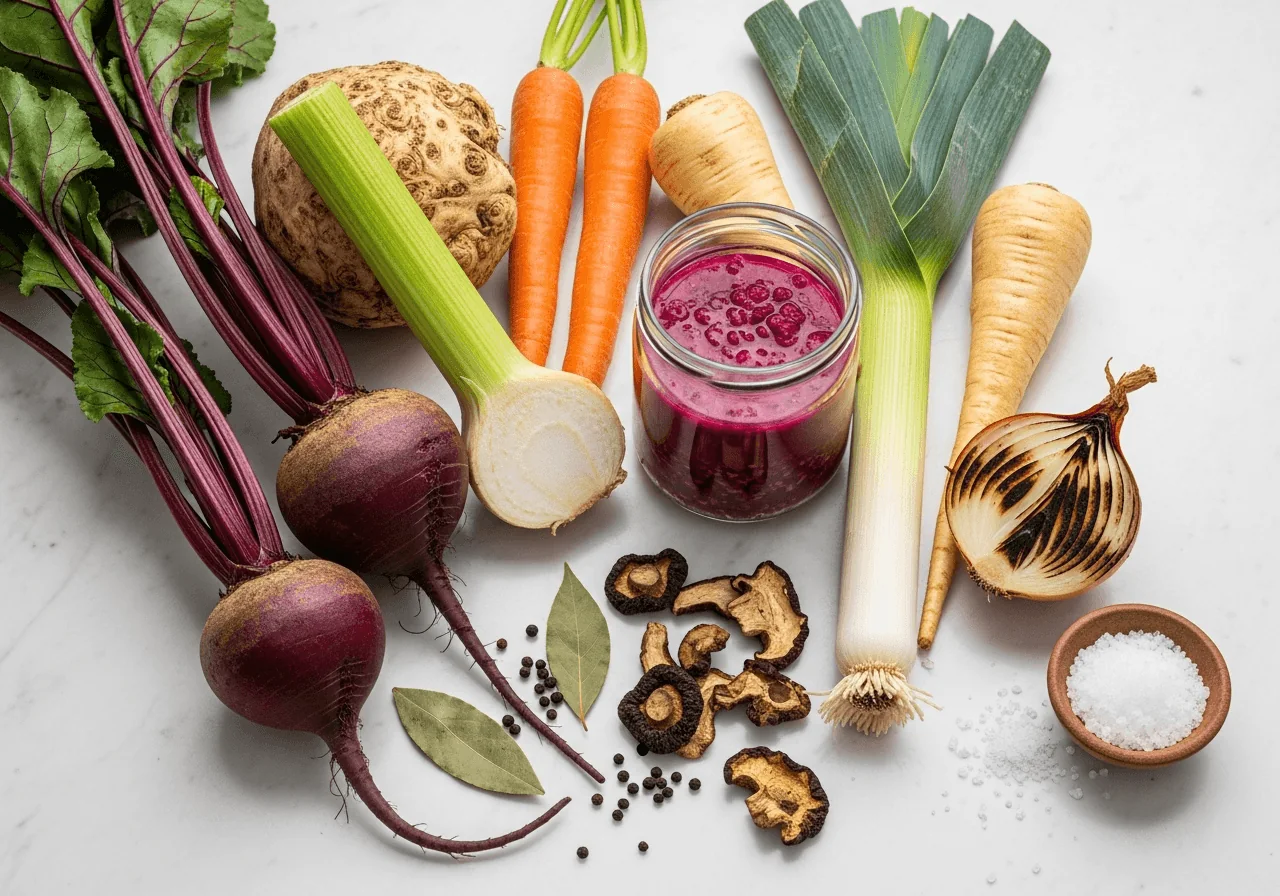 Raw whole beetroots with their deep purple-red skins and leafy green tops arranged beside a gnarly celery root, two carrots, a thick leek split lengthwise showing pale green-white layers, a parsnip, a halved onion charred dark on its cut face, a small glass jar of cloudy deep-red zakwas buraczany ferment with visible sediment at the bottom, dried porcini mushrooms scattered nearby, bay leaves, black peppercorns, and a small bowl of coarse salt, all grouped together on a flat surface in natural light.