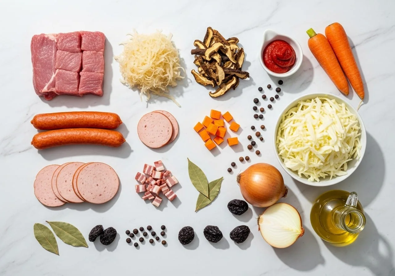 Fresh lean ingredients for healthy Polish bigos laid out on white marble
