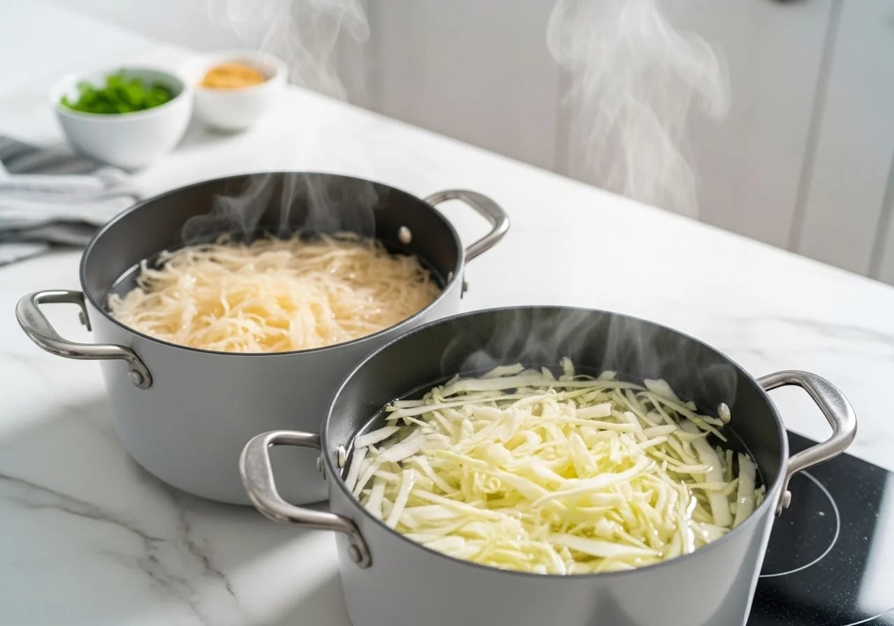 Rinsed sauerkraut and fresh cabbage boiling separately for healthy bigos