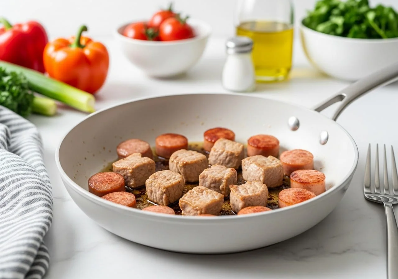 Lean pork tenderloin and turkey kielbasa browning in a pan with olive oil