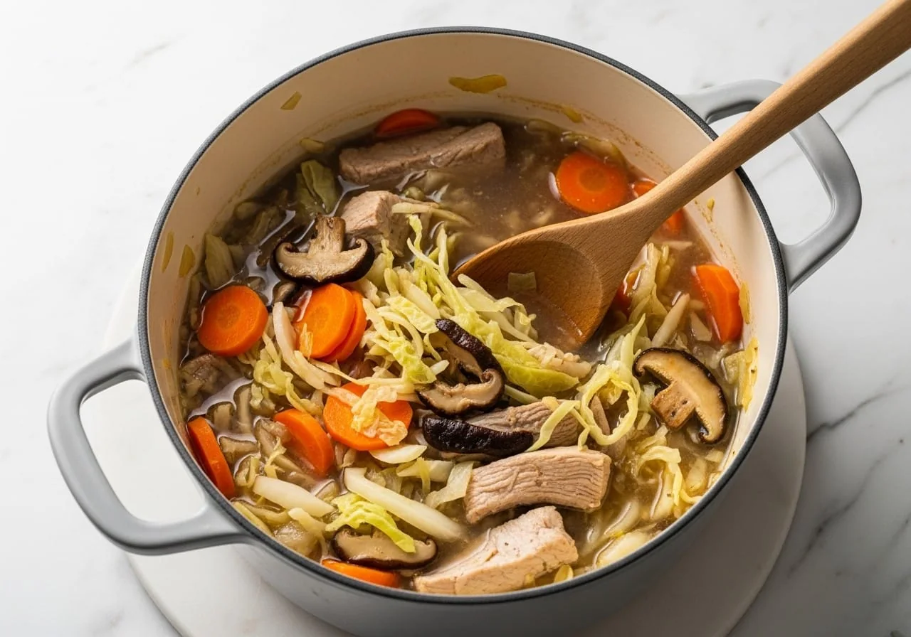 Lighter healthy bigos simmering in a pot with carrot, cabbage and mushrooms