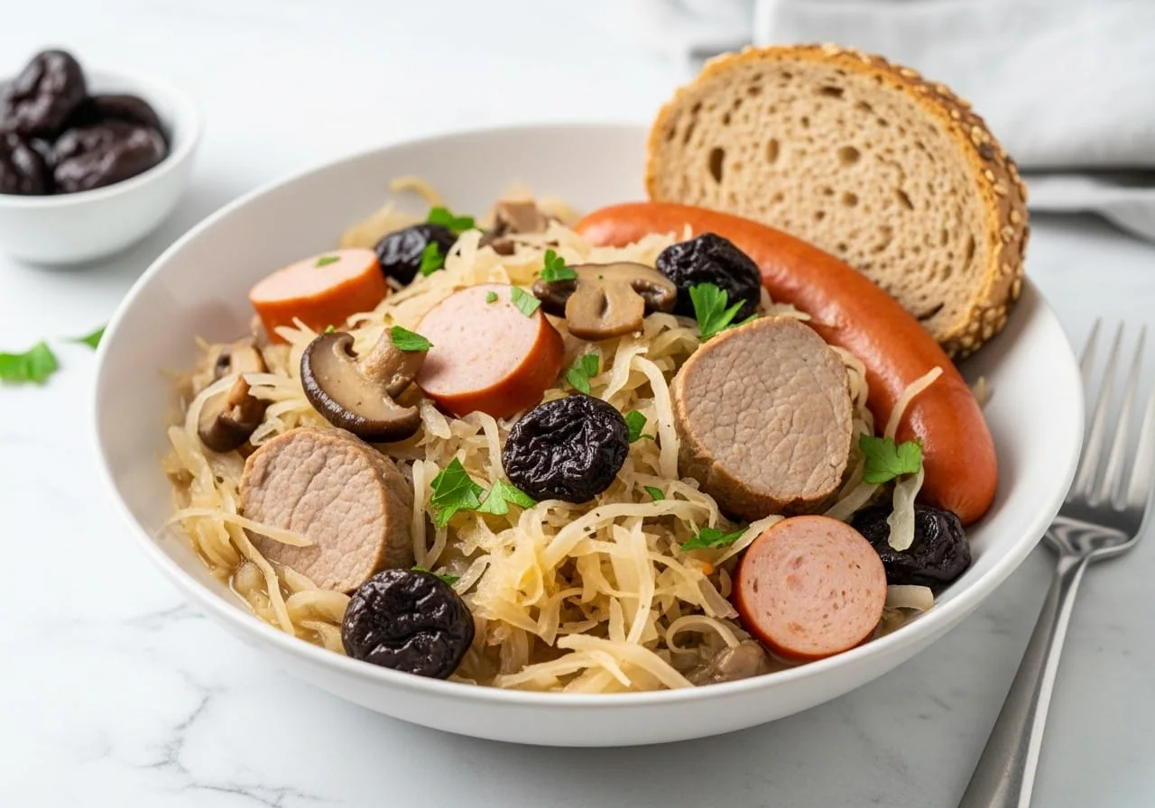 Bowl of thick healthy Polish bigos with sauerkraut, lean meat and a slice of rye bread