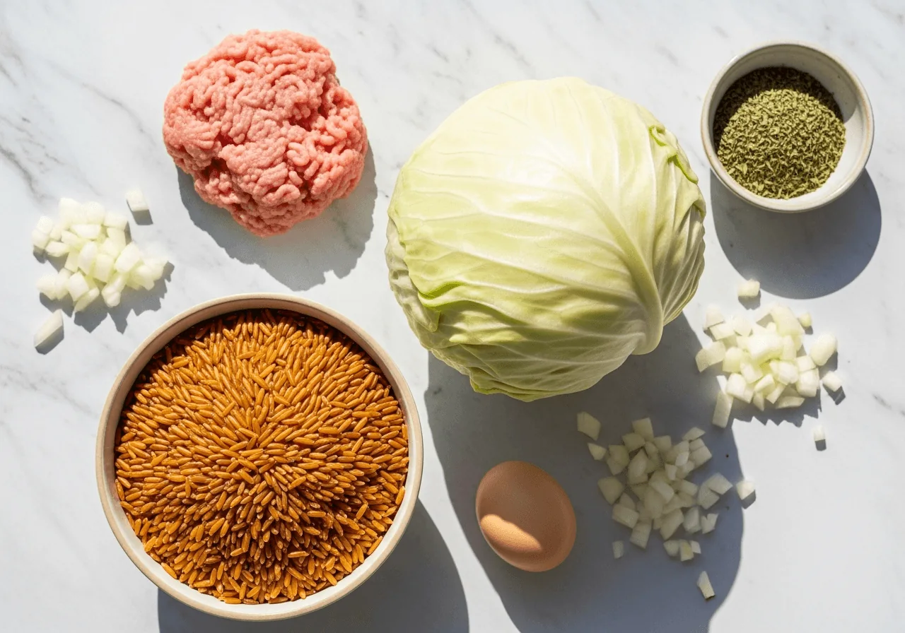 Raw ingredients for healthy turkey and brown rice golabki filling: ground turkey, deep golden-brown whole grain rice, cabbage, onion, egg and marjoram