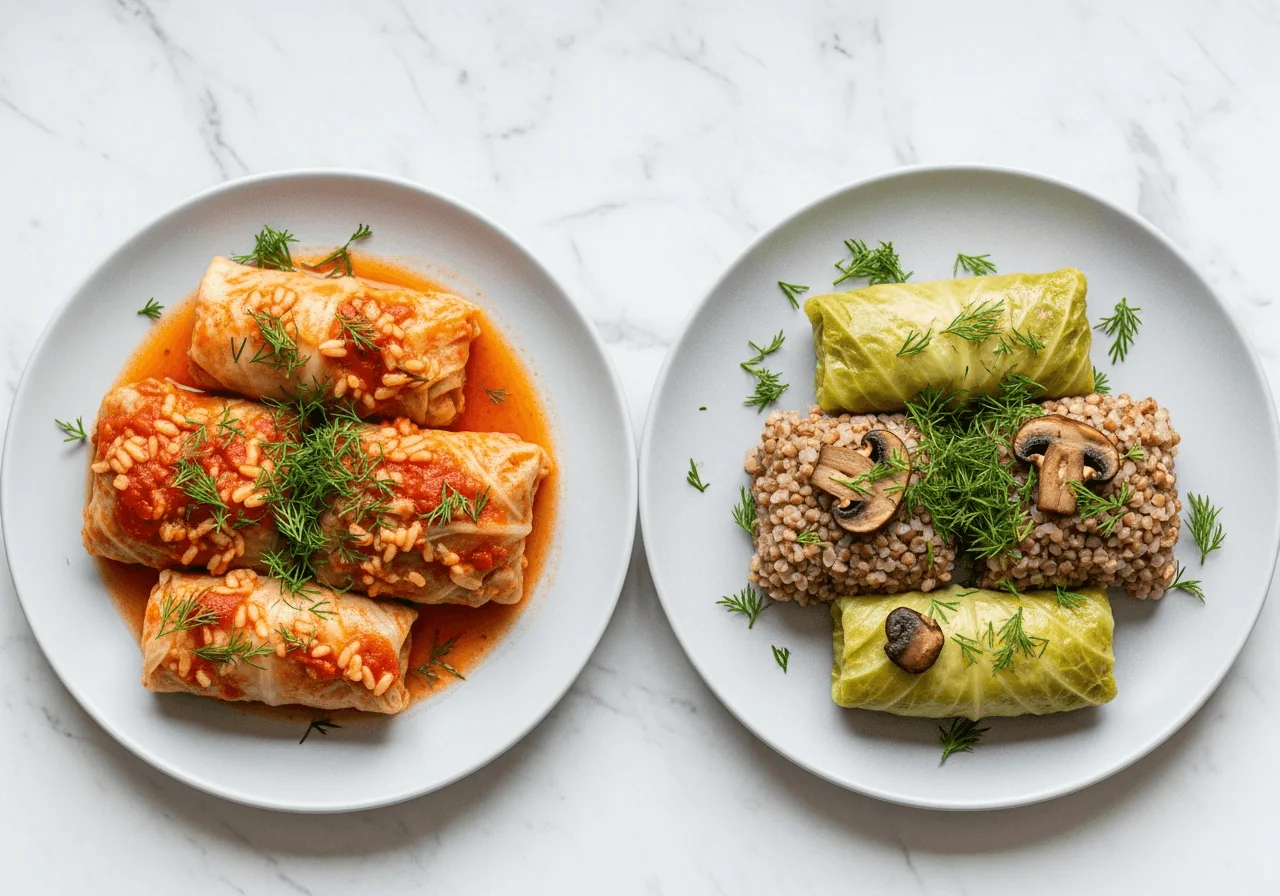 Two plates of healthy stuffed cabbage rolls, lean turkey and brown rice version next to meatless buckwheat and mushroom version