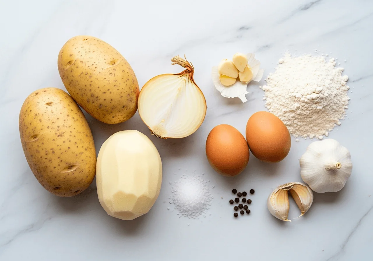 A flat arrangement of the raw ingredients for Polish placki ziemniaczane: two large unpeeled Russet potatoes beside a peeled one showing its pale starchy flesh, a halved yellow onion, two whole brown eggs, a small heap of whole wheat flour, a pinch of coarse salt, a few black peppercorns, and two unpeeled garlic cloves, all grouped loosely together with natural negative space between them.