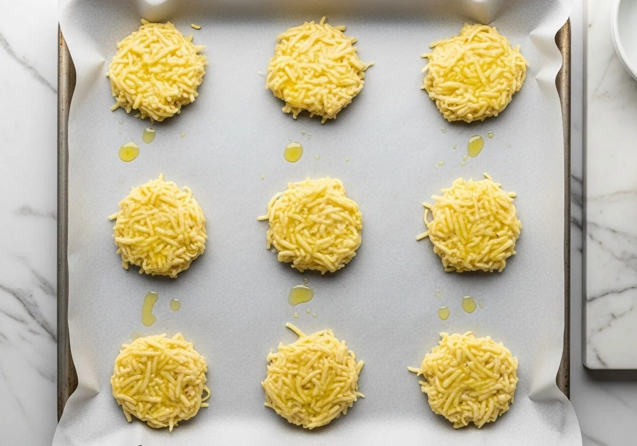 Raw shredded potato pancake batter shaped into small flattened mounds on a parchment-lined baking sheet, lightly brushed with olive oil and ready to bake.