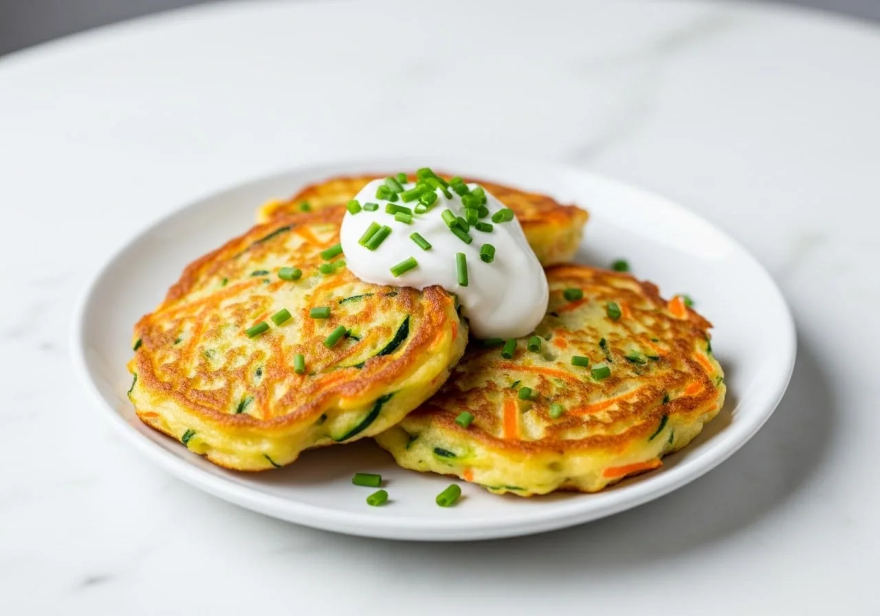 A plate of baked potato pancakes made with grated carrot and zucchini, showing flecks of orange and green throughout the batter, topped with Greek yogurt and chives.
