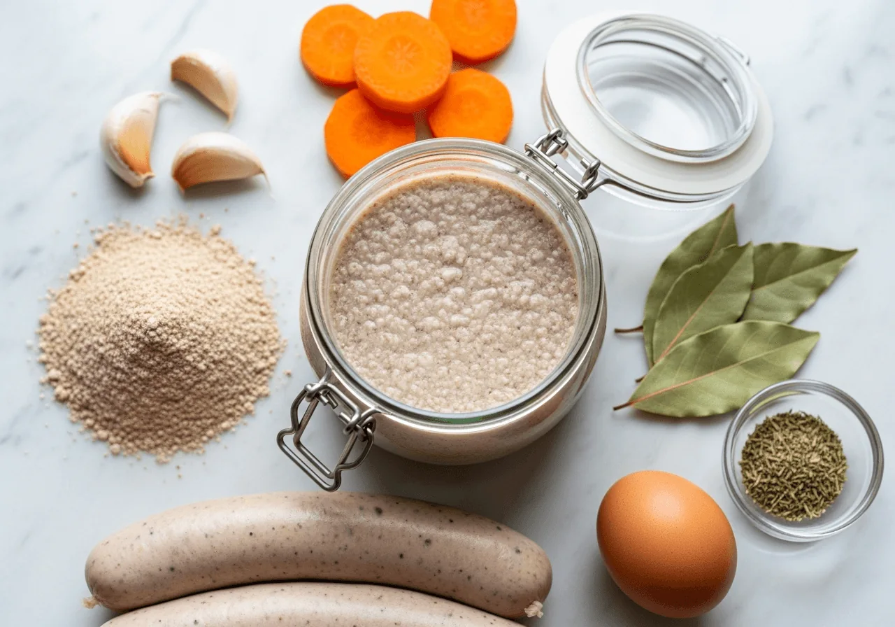 Fresh ingredients for healthy zurek on white marble: fermented rye starter, rye flour, garlic, bay leaves, marjoram and carrot