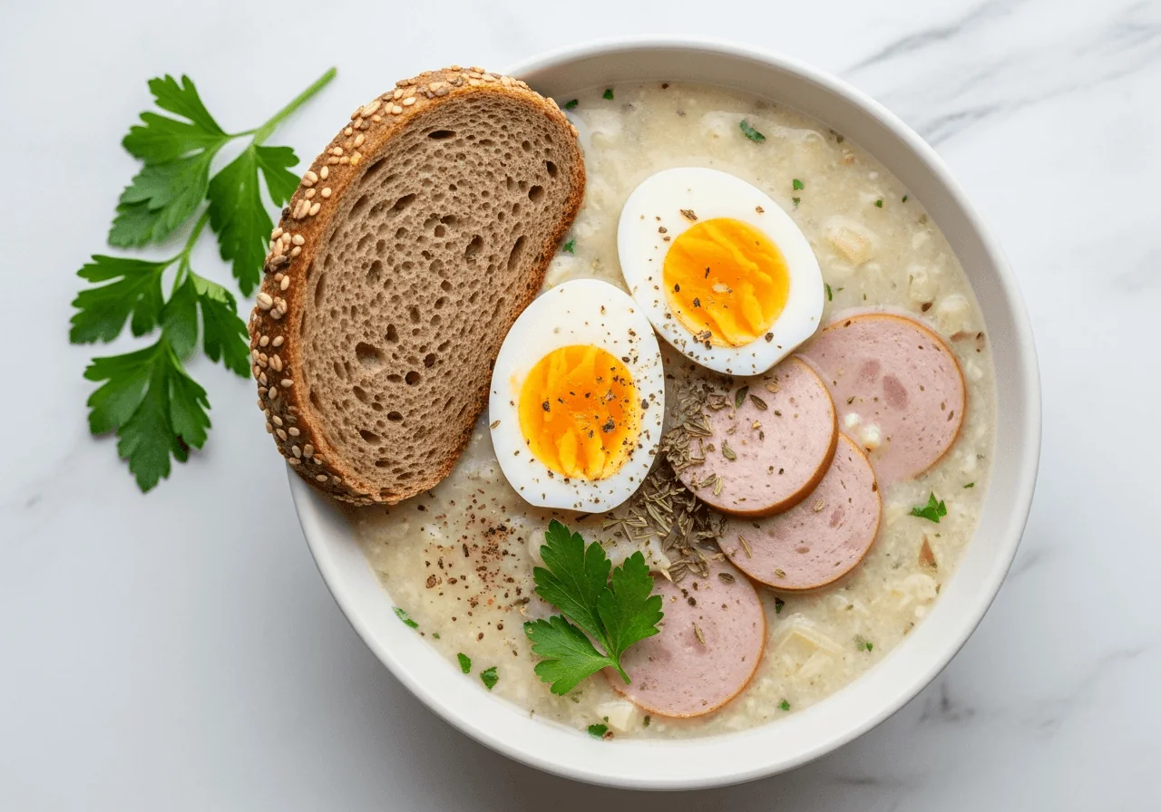 Overhead bowl of healthy zurek with halved egg, lean turkey sausage slices, marjoram and wholegrain rye bread on the side