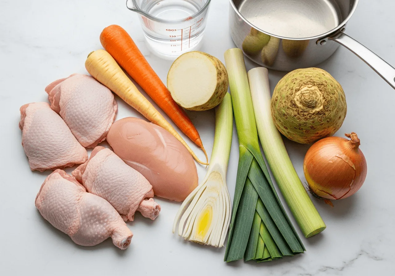 Bone-in skinless chicken thighs and breasts with visible fat trimmed laid beside whole peeled carrots, two pale cream parsnips, a halved pale knobby celeriac root, two leeks split lengthwise showing their white and pale-green layers fanned open, and a halved unpeeled onion with its papery brown skin still on, all arranged in a loose organic grouping with a large pot and a measuring jug of cold water nearby.