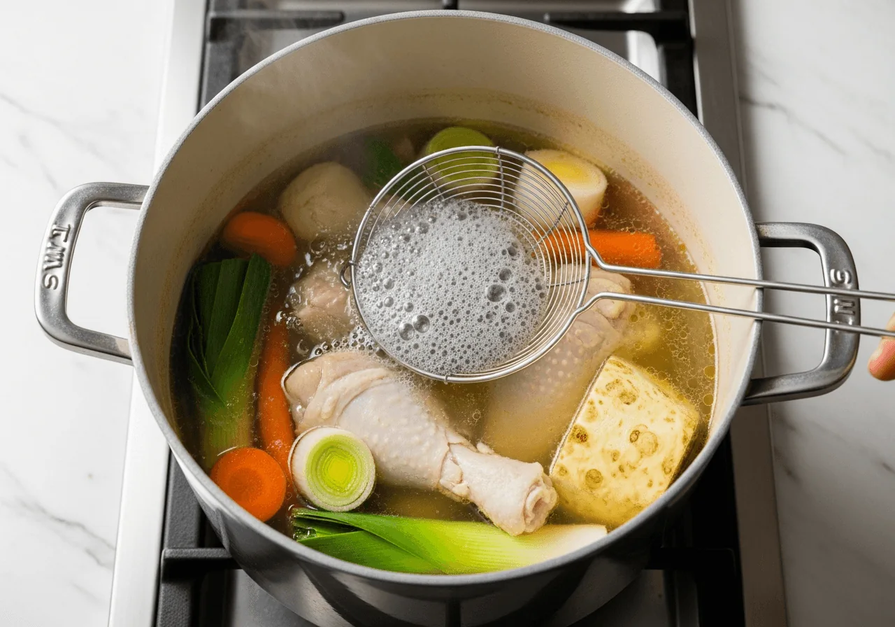 A tall heavy stockpot on a stovetop with a gently simmering pale golden broth inside, a fine-mesh skimmer held over the surface lifting away grey foam and fat impurities, bone-in chicken pieces and whole vegetables — carrots, leeks, celeriac — visible beneath the lightly bubbling liquid, condensation forming on the interior walls of the pot.