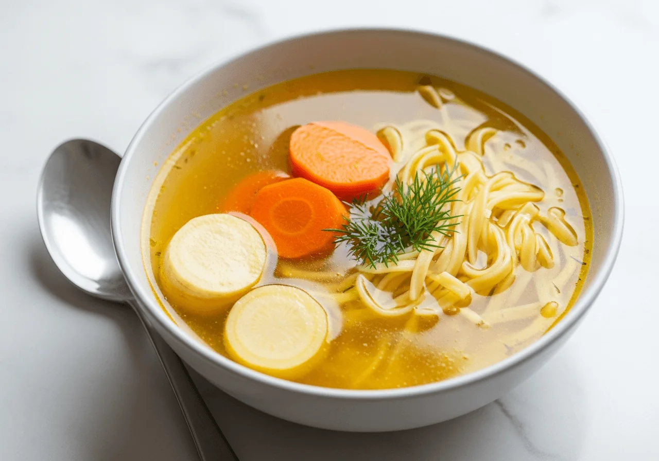 A ceramic bowl of clear bright golden rosół — Polish chicken clear soup, not cream soup, not a stew — served with thin egg noodles, two or three neat slices of tender cooked carrot, a halved piece of soft parsnip placed to the side, and a small pinch of fresh dill floating on the luminous broth surface, a clean spoon resting beside the bowl.