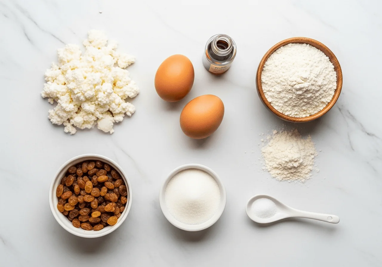 Overhead arrangement of raw ingredients for syrnyky: a mound of white well-drained low-fat cottage cheese pressed into a loose heap, two whole brown eggs, a small wooden bowl of whole wheat flour with a dusting spill, a tiny dish of white sugar, a ramekin of plump amber raisins soaked until swollen, a glass bottle of vanilla extract, and a pinch of salt in a small ceramic spoon, all grouped with breathing space between each component
