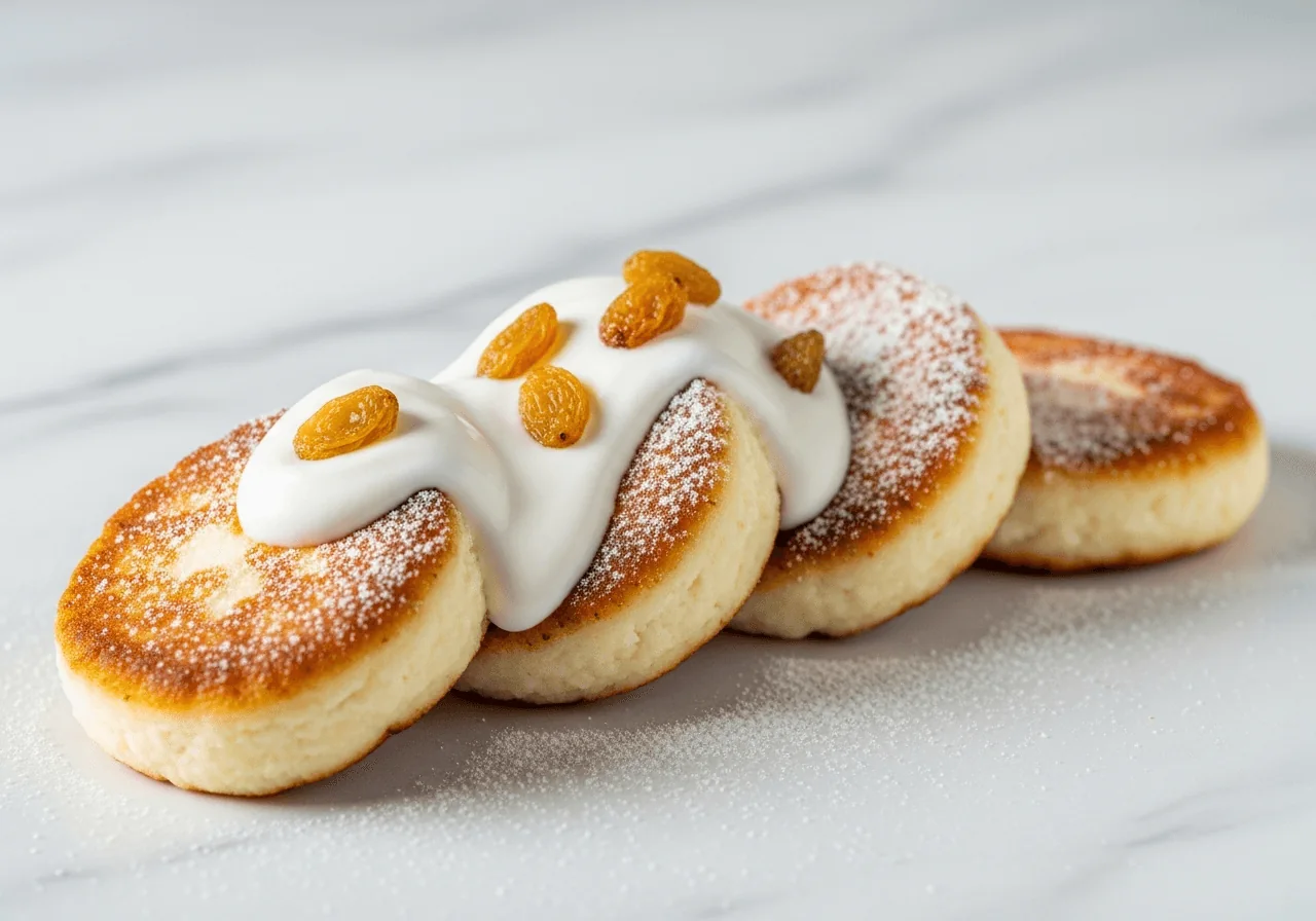 Four or five finished syrnyky stacked slightly offset on each other, their golden pan-fried exteriors visible, each round cottage cheese pancake soft and thick like a small puck, a dollop of plain low-fat yogurt melting gently over the top stack, a few raisins nestled into the yogurt, and a light dusting of powdered sugar catching the light across the whole serving