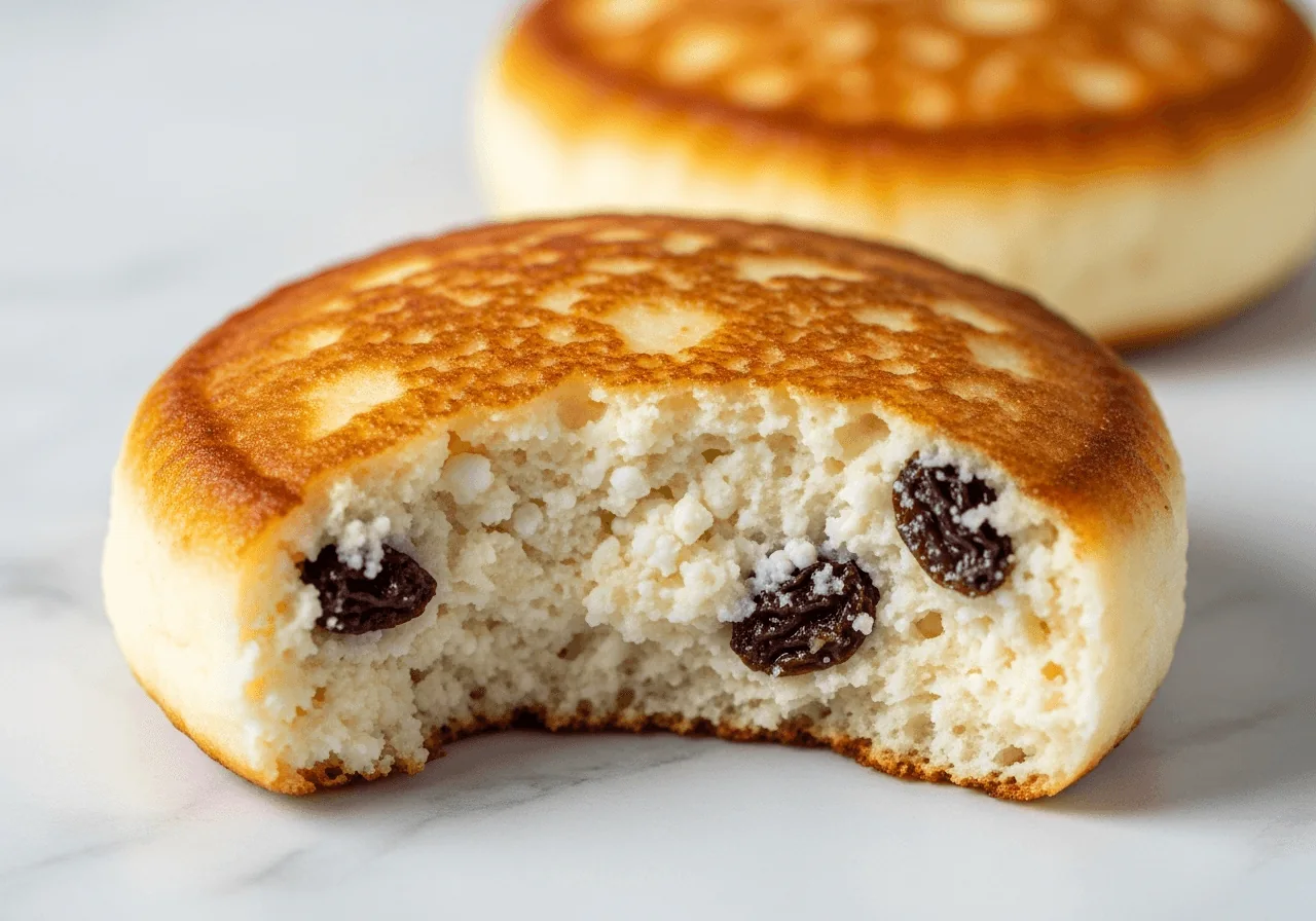 Extreme close-up of a single syrnyky broken open to reveal its interior: the outer crust is a deep golden amber from pan-frying, the inside is pale ivory and tender with a grainy cottage cheese texture studded with one or two plump dark raisins, the torn edge showing the soft, moist, slightly springy crumb of a cottage cheese pancake that holds its round shape firmly