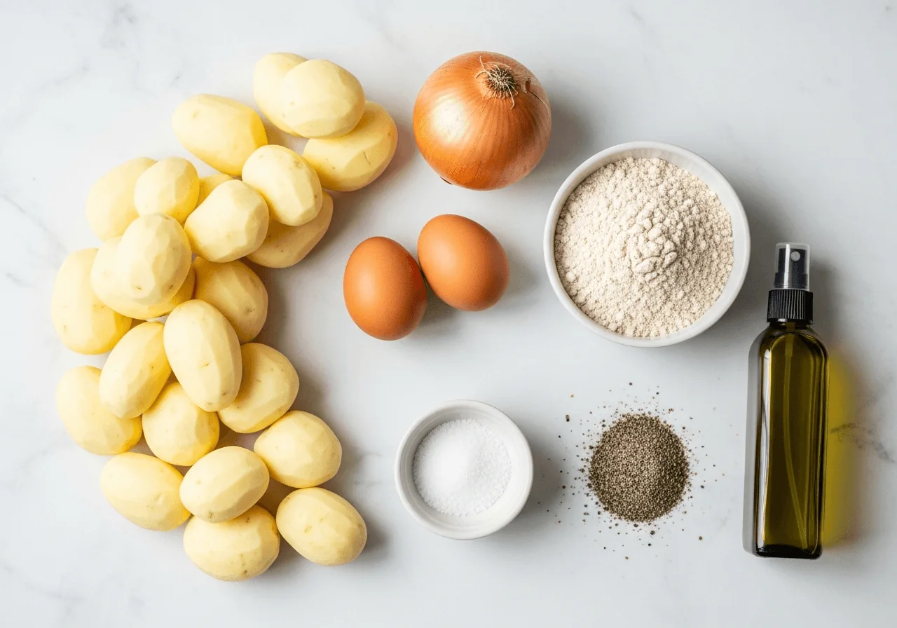Whole raw ingredients arranged in an arc: a large heap of peeled pale starchy potatoes beside a single whole peeled onion, two brown eggs, a small bowl of whole wheat flour with visible bran flecks, a pinch dish of coarse salt, a mound of coarsely cracked black pepper, and an olive oil spray bottle, all grouped together to suggest grated-potato pancakes soon to be made.