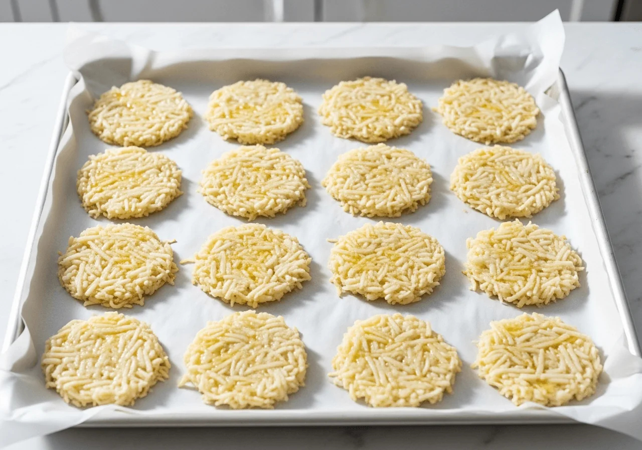 Raw shredded potato pancake patties shaped and arranged on a parchment lined baking sheet, ready to bake, with visible coarse grated potato texture