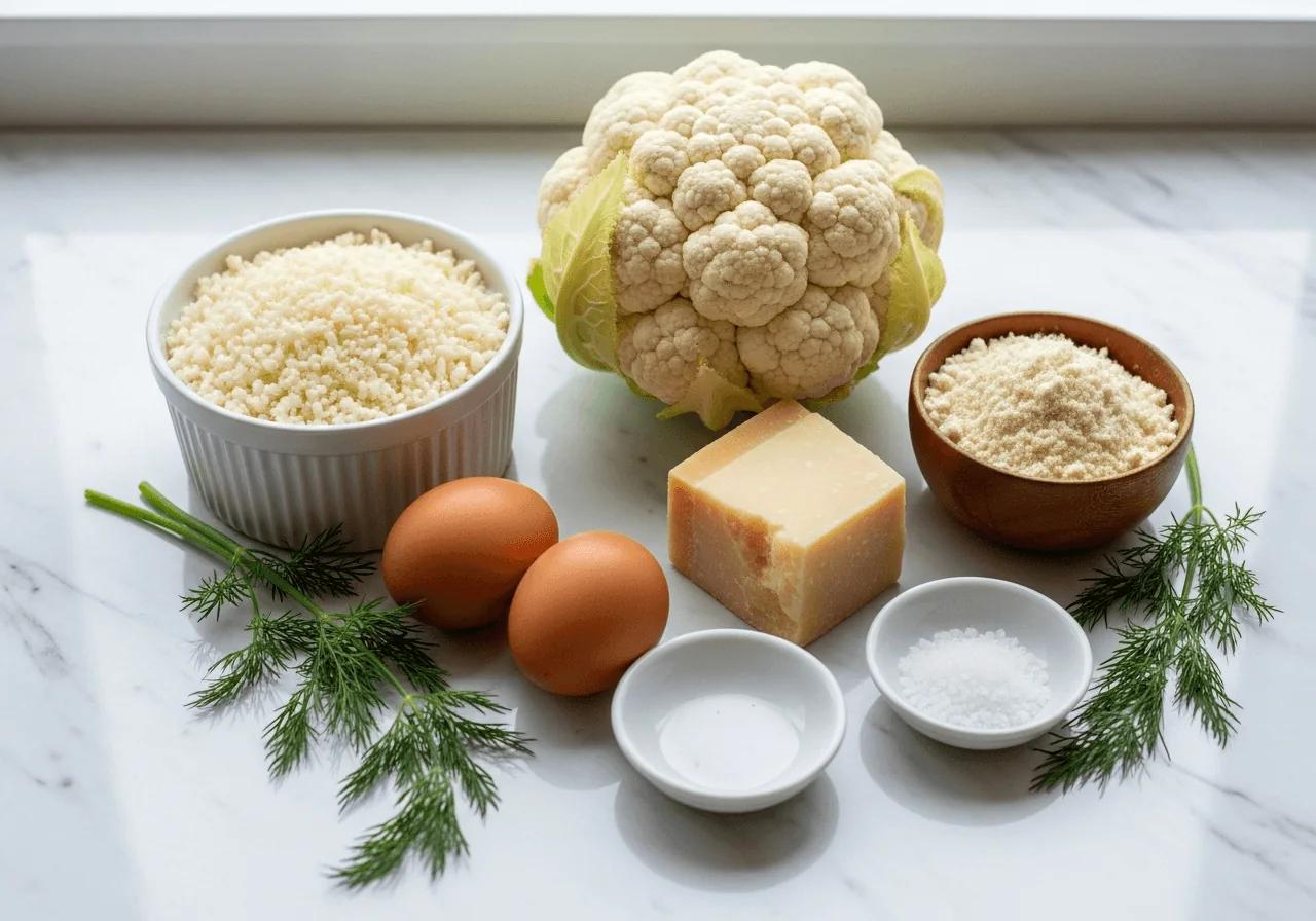 Raw ingredients for low carb cauliflower pancakes including a whole cauliflower head, riced cauliflower, eggs, almond flour, parmesan cheese, salt and fresh dill