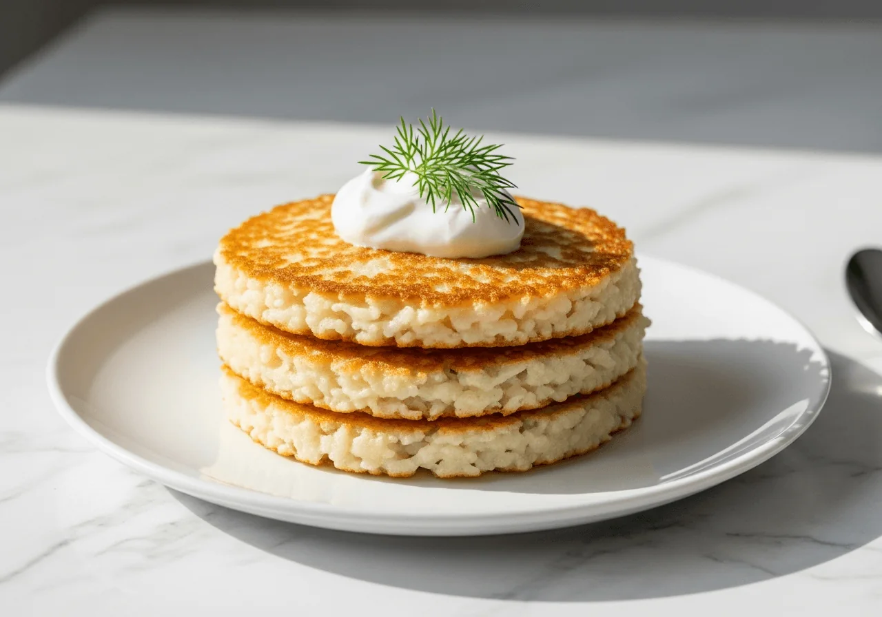 Stack of golden baked low carb cauliflower pancakes topped with Greek yogurt and fresh dill on a white plate