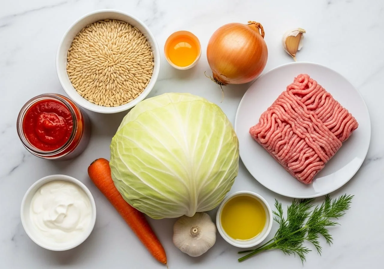 Raw ingredients for healthy Ukrainian holubtsi on white marble: whole cabbage, lean ground turkey, brown rice, tomato passata, Greek yogurt, onion, carrot, garlic, egg, olive oil and dill