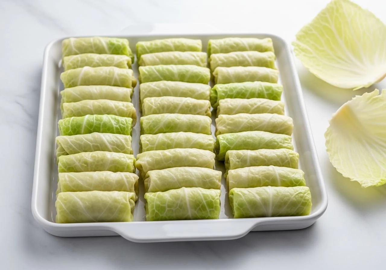 Raw holubtsi rolls arranged seam side down in neat rows on a white tray, ready for cooking